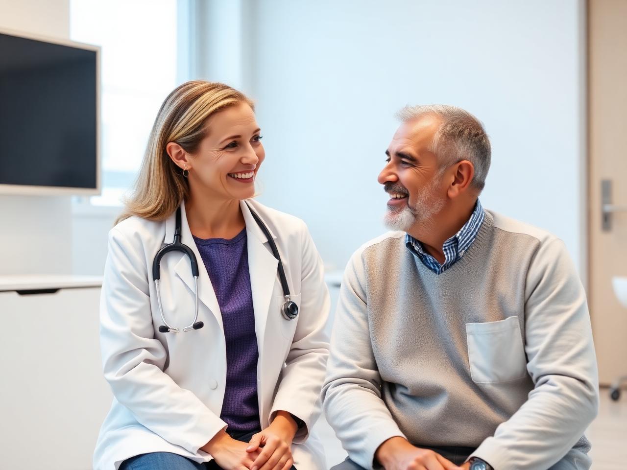 Médica conversando amablemente con un paciente en consulta